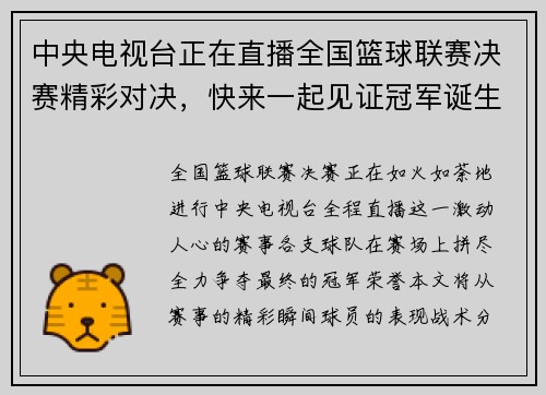 中央电视台正在直播全国篮球联赛决赛精彩对决，快来一起见证冠军诞生！
