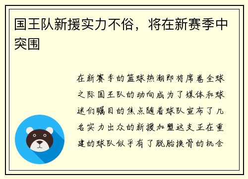 国王队新援实力不俗，将在新赛季中突围